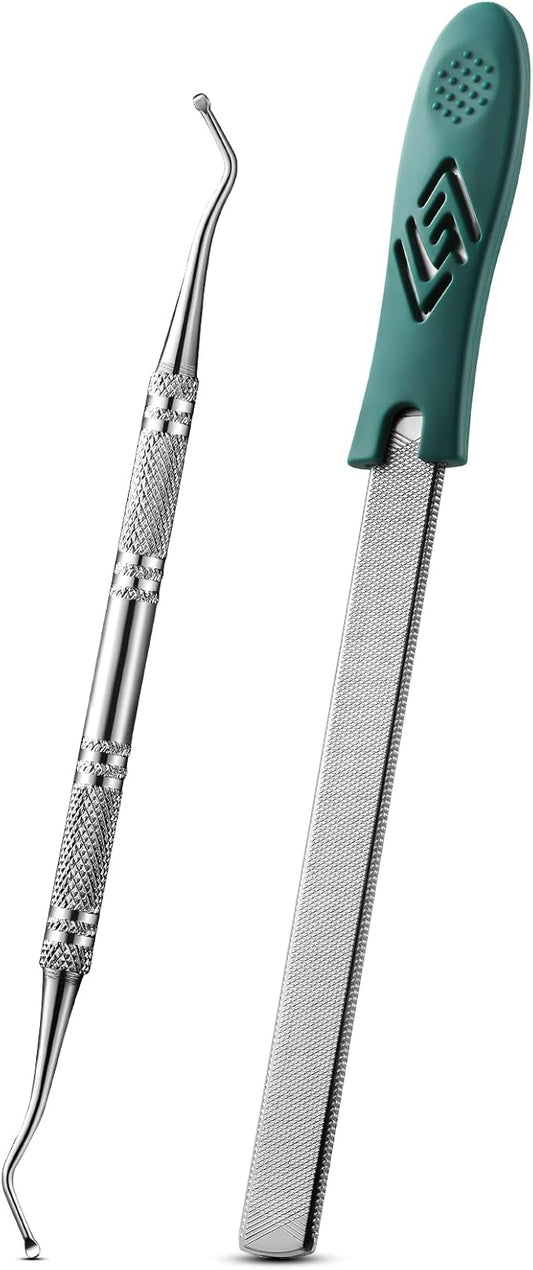 FVION Toenail File for Thick Nails and Toenail Lifter, 2pcs Stainless Steel Nail File and Ingrown Relief Set, Heavy Duty Metal Emery Board for Seniors, Men & Women Pedicure Tool (Green)