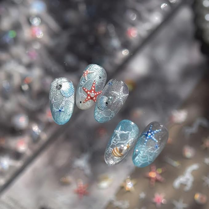 2 Sheets Colorful Starfish Nail Stickers Summer Nail Sticker for Nail Art 5D Self-Adhesive Nail Decals Ocean Nails Supplies Design Decoration Accessories for Women DIY Manicure Decoration