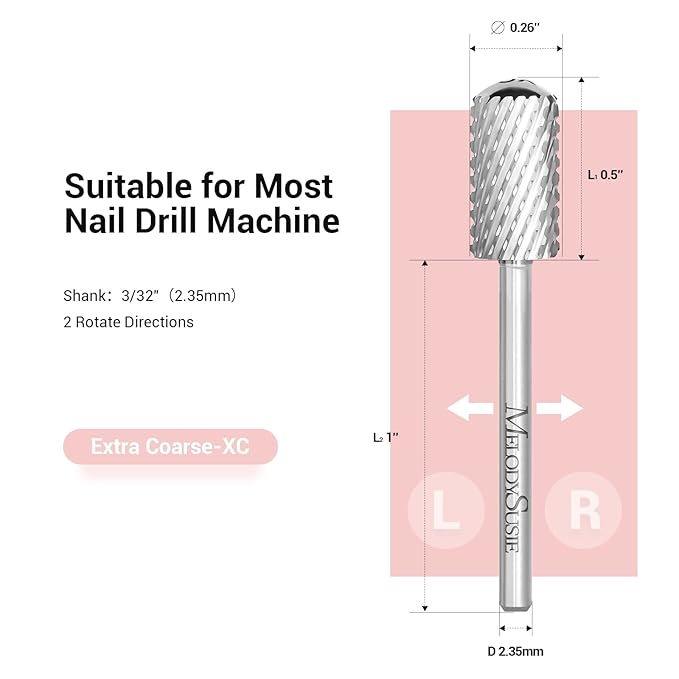 MelodySusie Safety Nail Drill Bits, 3/32'' Smooth Round Top Large Barrel Carbide Bits, Suitable for Manicure Pedicure Cuticle Gel Polishing, Beginners Bits, Silver, Series Bit-S, Extra Coarse