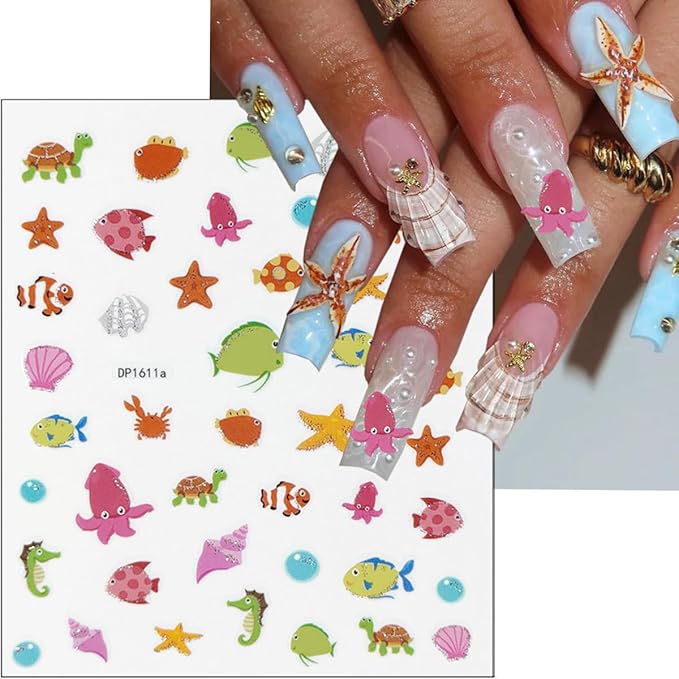 6Pcs Summer Nail Stickers for Nails Art 3D Self Adhesive Beach Nail Decals Tropical Octopus Crab Sea Turtle Shell Design Ocean Nail Supplies Accessories Seahorse Starfish Nail Art Stickers for Women