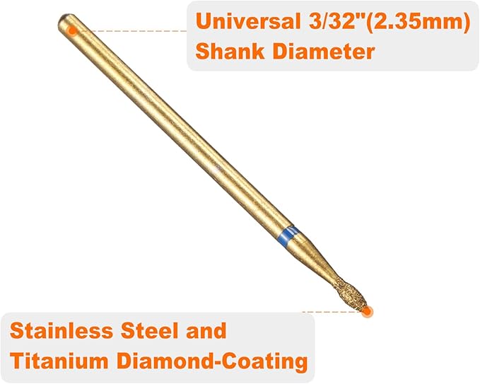 HARFINGTON 8pcs 120-140 Grits Diamond Grinding Bit 1.8mm Oval Head 2.35mm Shank 3.7mm Length Titanium Plated Stone Sanding Drill Bits Rotary Tool for Nails Grinding Polishing