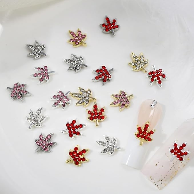 20 Pcs Fall Maple Leaf Nail Charms - Colorful 3D Alloy Crystal Maple Leaves Nail Rhinestones Mix Luxury Jewelry Gems for Women DIY Manicure