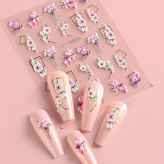 5D Nail Art Stickers 4 Sheets Pink Flowers Geometric Lines Decor Acrylic Embossed Sliders Gold Strips Decals Charms Cherry Blossom Manicure Accessories