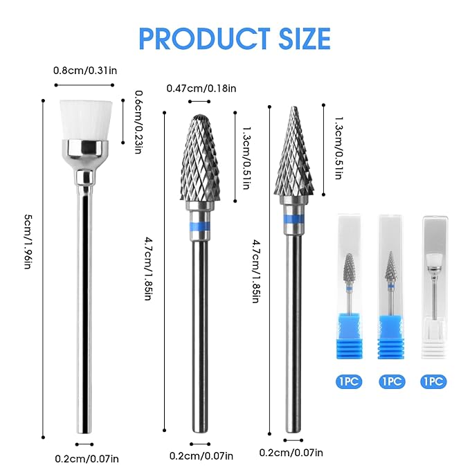 3 Pack Professional Carbide Nail Drill Bits Set with Cleaning Brush, 3/32" 5 in 1 Tungsten Safety Cuticle Bits for Manicure Pedicure Gel Polish Removal (Medium Teeth, Round & Pointed Head)