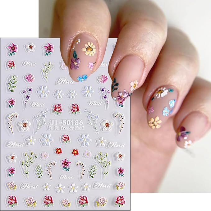 3Pcs Colorful Flower Nail Art Stickers 5D Self Adhesive Floral Nail Decals Embossed Daisy Nail Stickers Tulip Rose Nail Design Supplies Spring Summer Decoration Accessories for Women DIY Manicure