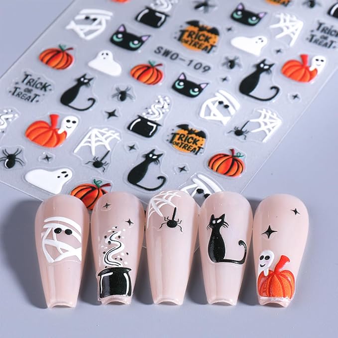 3 Sheets Goth Nail Stickers 5D Embossed Halloween Ghost Nail Art Stickers Cute Cat Pumpkin with Spider Bat Design Sticker Gold Spider Web Nail Decals Nail Art Supplies for Women Acrylic Nail DIY