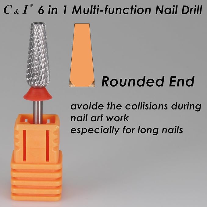 C & I Nail Drill Bit 6 in 1 Multi-function Rounded End E File, Tungsten Steel CNC Overall Cutting, Manicure Tool for Nail Tech Quick Remove Nail Gels, Acrylic Nails (Original, Fine -F)