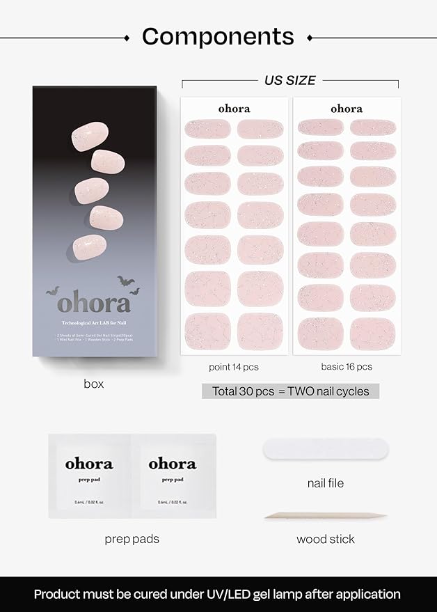 ohora Semi Cured Gel Nail Strips (N Silver Web) - Works with Any Lamps, Salon-Quality, Long Lasting, Easy to Apply & Remove - Includes 2 Prep Pads, Nail File & Wooden Stick