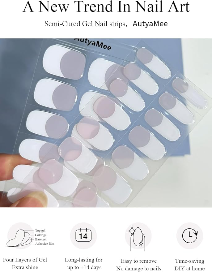 Semi Cured Gel Nail Strips (Classic White French), 30 Pcs Gel Nail Wraps, Stickers, UV Light Required