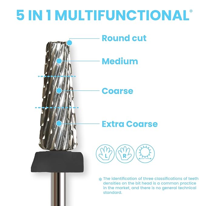 16mm 5 in 1 Tapered Barrel Nail Drill Bits, 3/32'' Safety Tungsten Carbide Bits, Right & Left Rotation, Manicure Cuticle Gel Acrylic Removal Polishing, Technicians Bits, Extra Coarse.