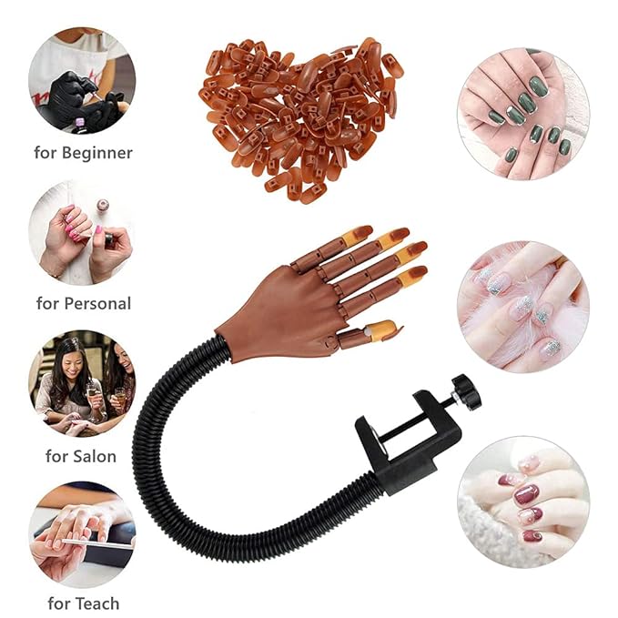 Practice Hand for Acrylic Nails, Flexible Fake Manican Hands Kit for Nails Training Practice, Movable Nail Maniquin Hand with 200PCS Nail Tips, Nail Art Clipper