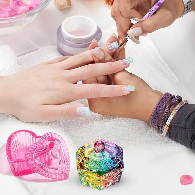 A Set of Multicolour Hexagonal Prism Crystal Glass Dish with Lid,Hexagonal Prism Crystal Cup Acrylic Liquids Powder Glass Dish With Lid Crystal Bowl For Salon and Home,Nail Art and Polish
