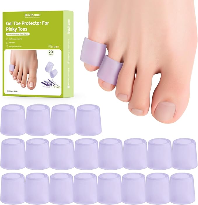 Bukihome Silicone Toe Protectors – Silicone Open Pinky Toe Sleeves for Hammer Toes, Corns, Calluses, Blisters – Soft Gel Protector Toe Cushions for Pain Relief - 20 Count, Lavender (10 Thick +10 Thin)