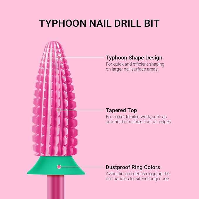 MelodySusie Typhoon Nail Drill Bits, 3/32'' Carbide Tungsten Multi-function Bits, Fast Remove Acrylic or Hard Gel for Manicure Pedicure Salon Professional or Beginner, Pink Blossom, Coarse