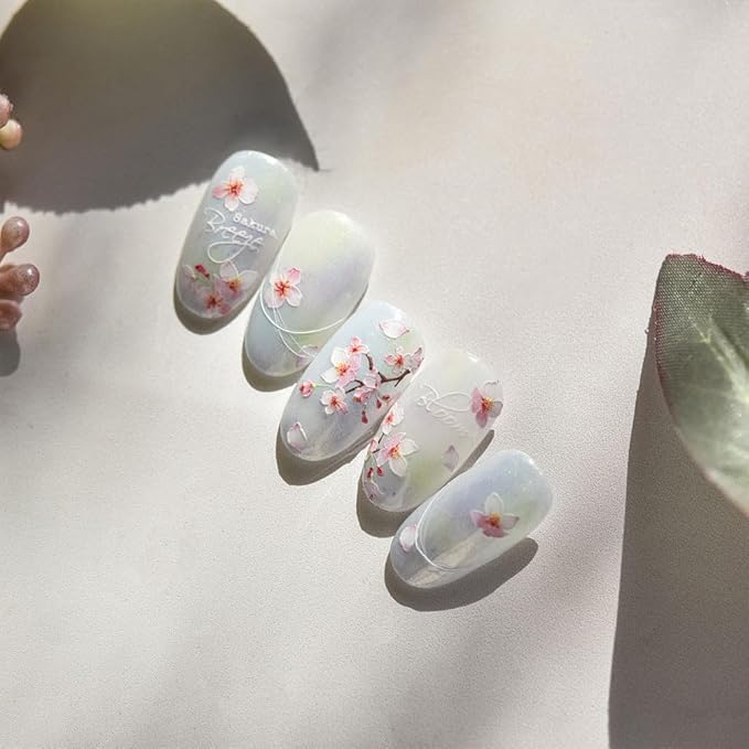 2 Sheets Flower Nail Stickers for Nail Art, 5D Embossed Self Adhesive Spring Summer Sakura Design Nail Supplies Decoration for Women Girl DIY Manicure Accessories