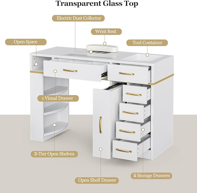 Paddie Manicure Table with Dust Collector, Glass Top Nail Tech Table Nail Desk Station w/7 Storage Drawers & 3-Tiers Open Shelves, Nail Beauty Workstation w/Wrist Cushion & Golden Handles(White Color)