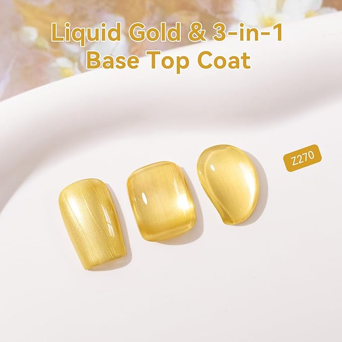 Metallic Gold Nail Polish with Base Top Coat 3 IN 1 Nail Strengthener, Quick Dry Clear & Liquid Golden Nail Polish Duo, Opaque, Non-Gel, Professional Nails Art Kit Home Manicure DIY Gift