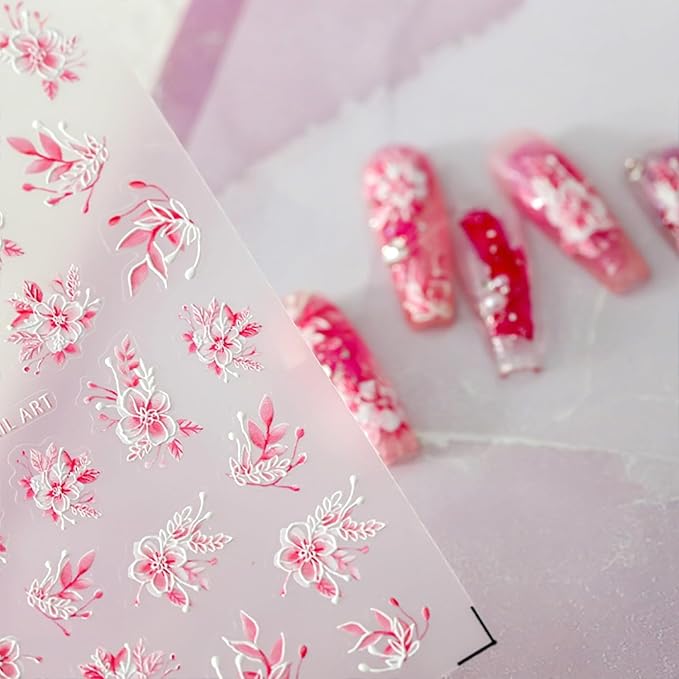 Flower Nail Art Stickers Decals 5D Embossed Self Adhesive Spring Summer Nail Stickers for Nail Art Floral Nail Decals Blue Pink Flower Nail Design Decoration Accessories for Women and Girls