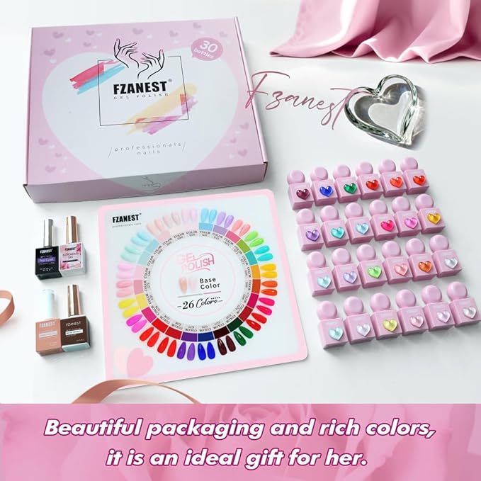 FZANEST Hema-free Gel Nail Polish Set, 30pcs TPO-free Nude Pink Red Blue Green Yellow All Season Gel Polish Colors with Rubber Base Top Coat Blooming Matte Top Soak Off Uv LED Nail Gel Kit