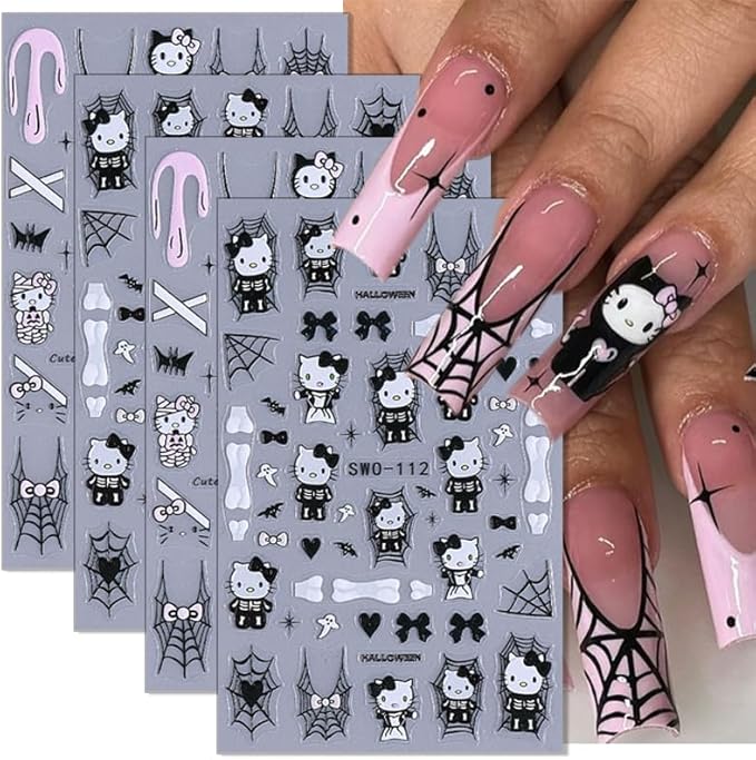 4 Sheets Halloween Nail Art Stickers Decals 3D Self-Adhesive Scary Bat Spider Web Skull Nail Stickers Gothic Black Cat Nail Decals for Women DIY Manicure Halloween Party Nail Decoration