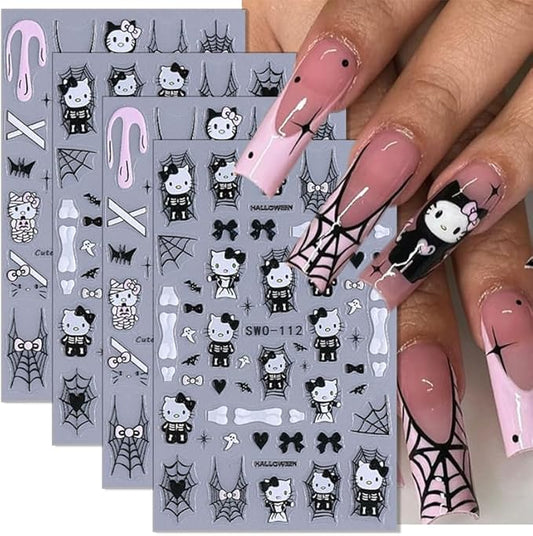 4 Sheets Halloween Nail Art Stickers Decals 3D Self-Adhesive Scary Bat Spider Web Skull Nail Stickers Gothic Black Cat Nail Decals for Women DIY Manicure Halloween Party Nail Decoration