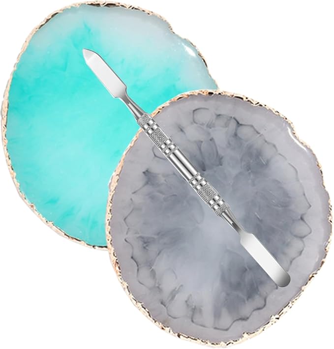 2 Pcs Resin Nail Palette Nail Polish Palette Nail Art Palette with Stainless Stirring Rod (Gray and Green)