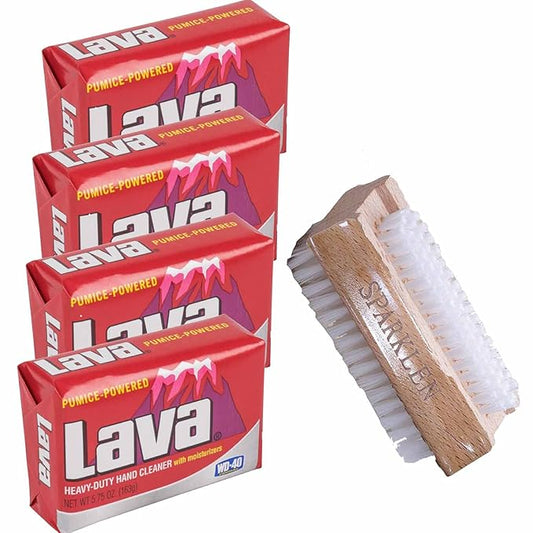 Lava Heavy-Duty Pumice Hand Cleaner soap with Moisturizers, 4-bars [5.75 OZ each] with a Compatible Wooden Nail Brush