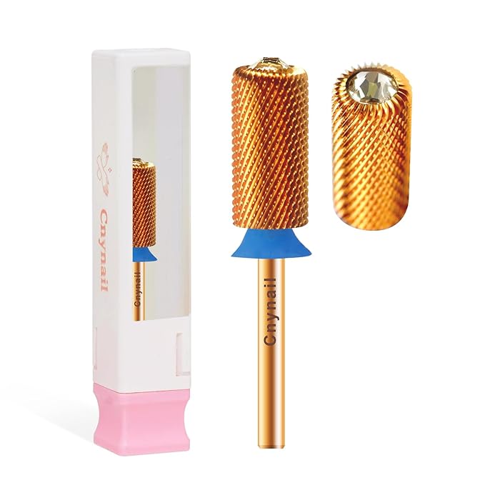 3/32" Large Barrel Crystal Top Tungsten Carbide Nail Drill Bit Safety Bit for Gel & Acrylic Removal, 2-Way Rotating Efile Tip, Salon Electric File Accessory (M Grit, Ti-Gold)