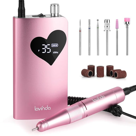 Lavinda Electric Nail Drill Machine, 35000RPM Professional Nail File Cordless Rechargeable Nail Efile for Acrylic Gel Nails (Pink 910)