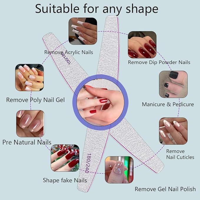 10Pcs Nail File Professional WAFOLOZE Nail Files Reusable Double Sided Emery Boards(100/180&180/240 Grit) Nail Styling Tools for Home and Nail Files for Acrylic Nails Salon Use