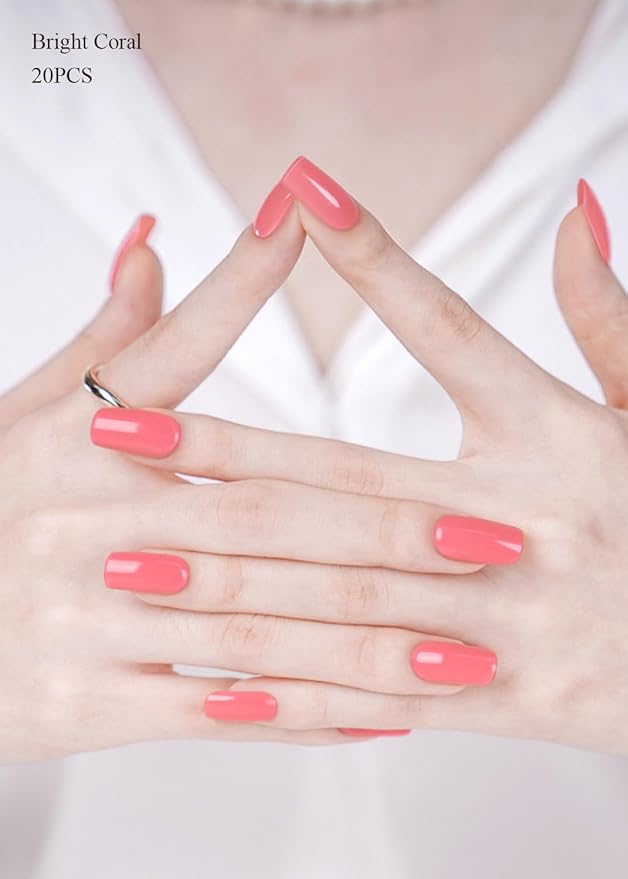 Semi Cured Gel Nail Strips (Bright Coral), 20 Pcs Gel Nail Wraps, Stickers, UV Light Required, Salon Quality, Long Lasting