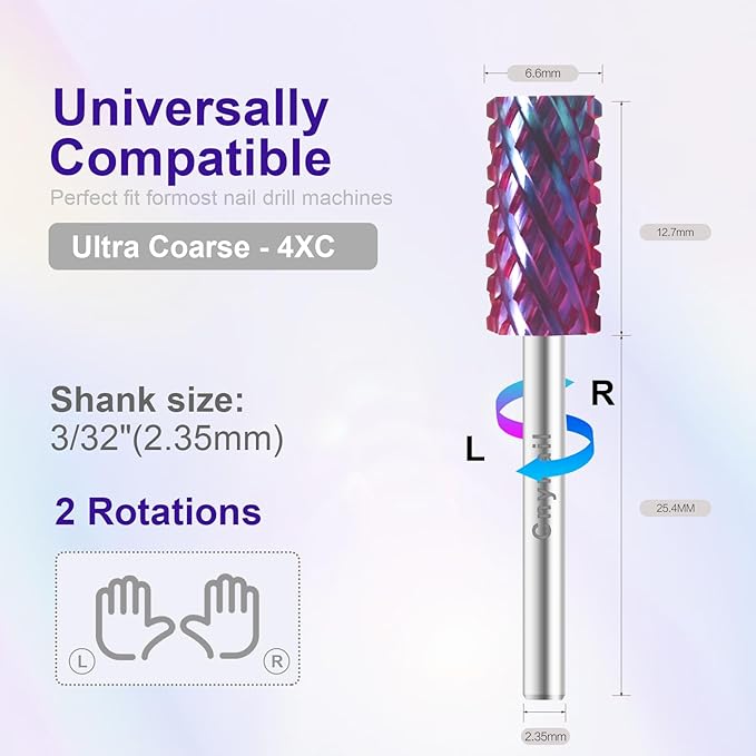 3/32" Large Barrel Bit Tungsten Carbide Nail Drill Bit Safety Bit for Gel & Acrylic Removal, 2- Way Rotating Efile Tip, Salon Electric File Accessory (4XC Girt, Purple)