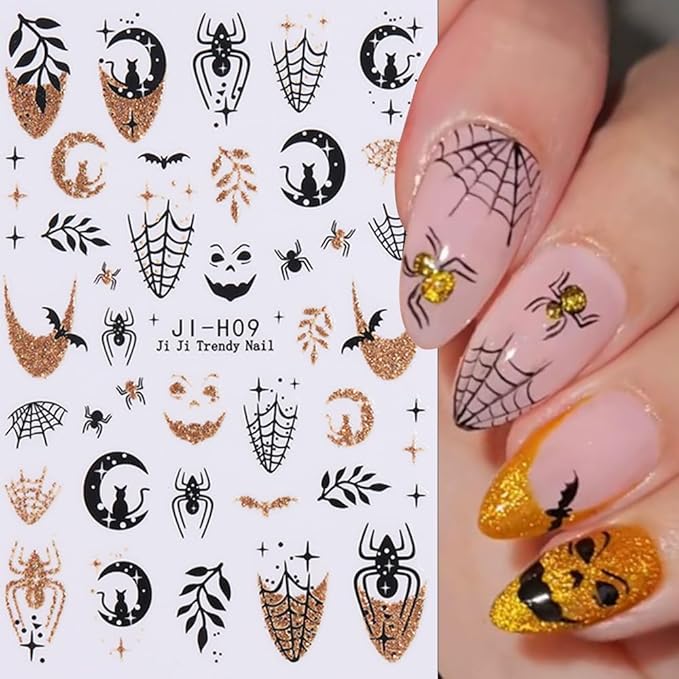 Halloween Nail Stickers Glitter Gold Spider Web Ghost Pumpkin Nail Decals 3D DIY Self Adhesive Nail Design Sticker Halloween Nail Decoration Supplies Holiday Manicure Accessories for Women Girls 6Pcs