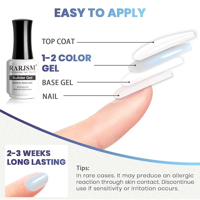 RARJSM Pearl White Gel Builder Nail Polish Blue Glitter Hard Gel in a Bottle Mermaid Shell Shimmer Pearlescent Thick Extension Structure Gels for Nails 15ml Soak Off Curing Requires Salon Home Use