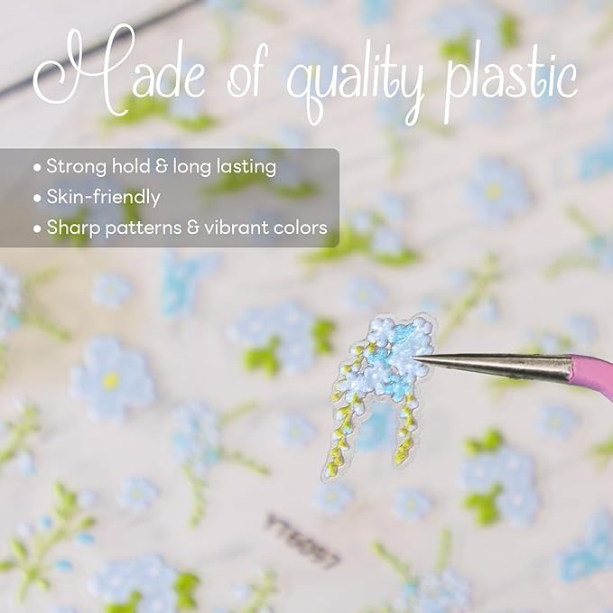 Flower Nail Stickers for Nail Art - Blue Flower Nail Art Sticker Floral Embossed Leaf Butterfly Nail Decals Self-Adhesive Nails Supply Manicure Stickers for Nails Decoration