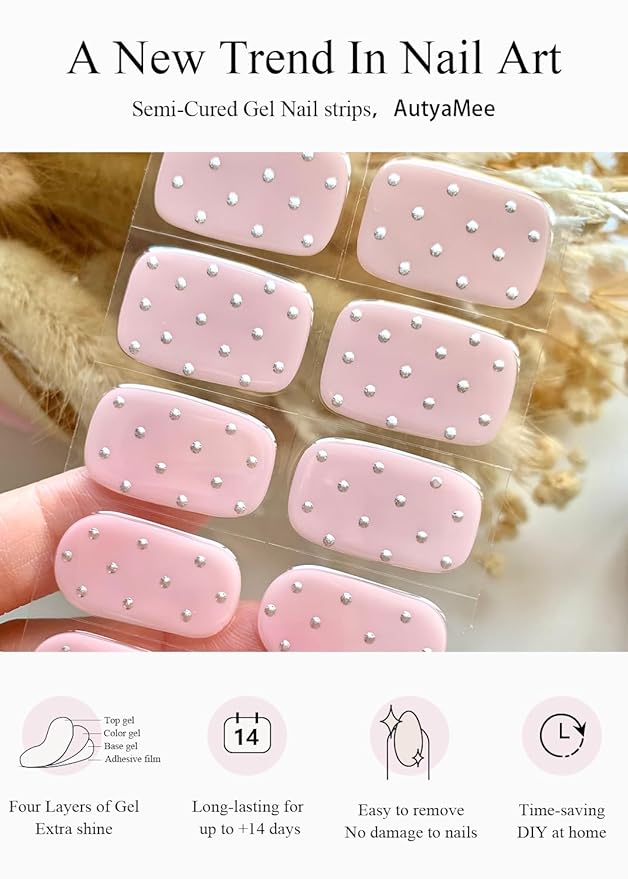 Semi Cured Gel Nail Strips (Pink Diamond), 20 Pcs Gel Nail Wraps, Stickers, UV Light Required, Salon Quality, Long Lasting
