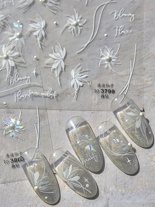 Fairy Pearled Nail Stickers 5D Embossed – Premium Salon-Quality Nail Charm Accessories, Easy Application & Self-Adhesive White Petals Decal for DIY Manicure, Nail Art, Press on, Home or Salon Use