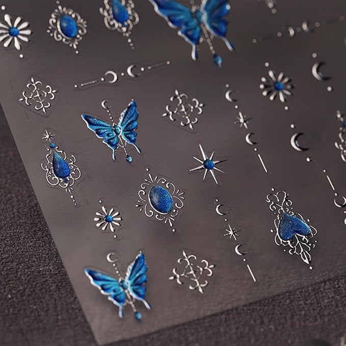 Butterfly Nail Art Stickers Decals Blue Butterfly Nail Decals 5D Embossed Nail Art Supplies Butterflies Star Moon Nail Stickers Shiny Nail Accessories for Women Girls Spring Summer Nail Art Decoration