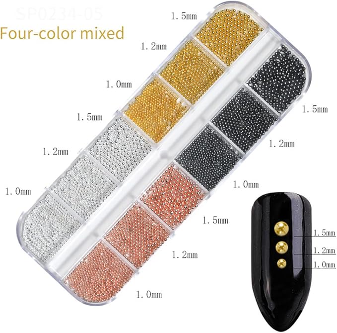 0.8mm Caviar Beads for Nails 6 Sizes Mini Small Stainless Steel Beads Nails Art Decorations Gun Grey Black Charms for Nails DIY Tool Nail Studs Accessories Gold Charms for Nails (Multicolor)