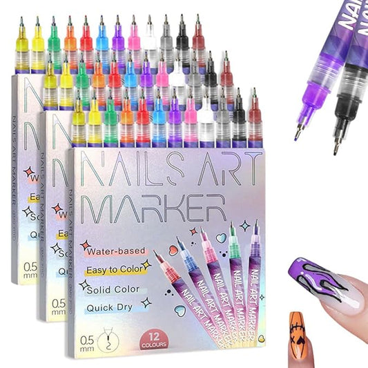 12 Colors Nail Art Pens Set, 2026 New Nail Art Markers for Gel Nails, 3D Nail Polish Markers Quick Dry Graffiti Dotting Point Liner Pens Acrylic Paint Pens for Drawing Painting DIY Nail Art (3 Set)