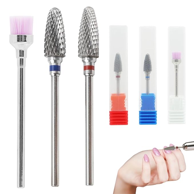 3 Pack 3/32" 5 in 1 Nail Drill Set, Tungsten Carbide Cuticle Remover & Safety Bits with Cleaning Brush, Professional Coarse Drill for Manicurists, Nail Salon, Pedicure & Gel Polishing