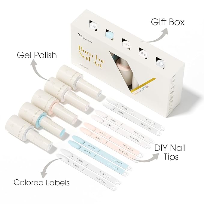 VENALISA Gel Nail Polish Set, 5 Colors 10ML Gel Polish Kit Nude Pink Blue Milky White Glitter Soak Off Salon Manicure DIY at Home Nail Art For Girls Women