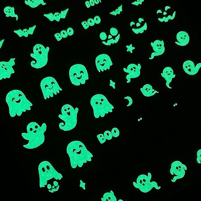 Halloween Nail Art Stickers Decals 3D Cute Luminous Ghost Nail Stickers 6PCS Glow in The Dark Bat Boo Ghost Design Halloween Nails Adhesive Sticker Manicure Nail Art Supplies for Nail Decorations
