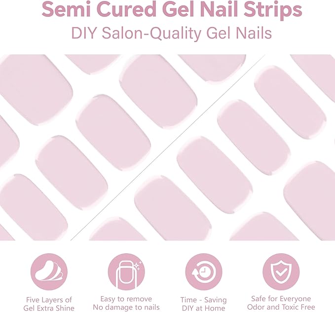 Semi Cured Gel Nail Strips-Salon Shine at Home,Easy Application and Removal,18 Size Press On Nails Kit with Nail File,Works with Any UV/LED Lamps(Bare Pink)