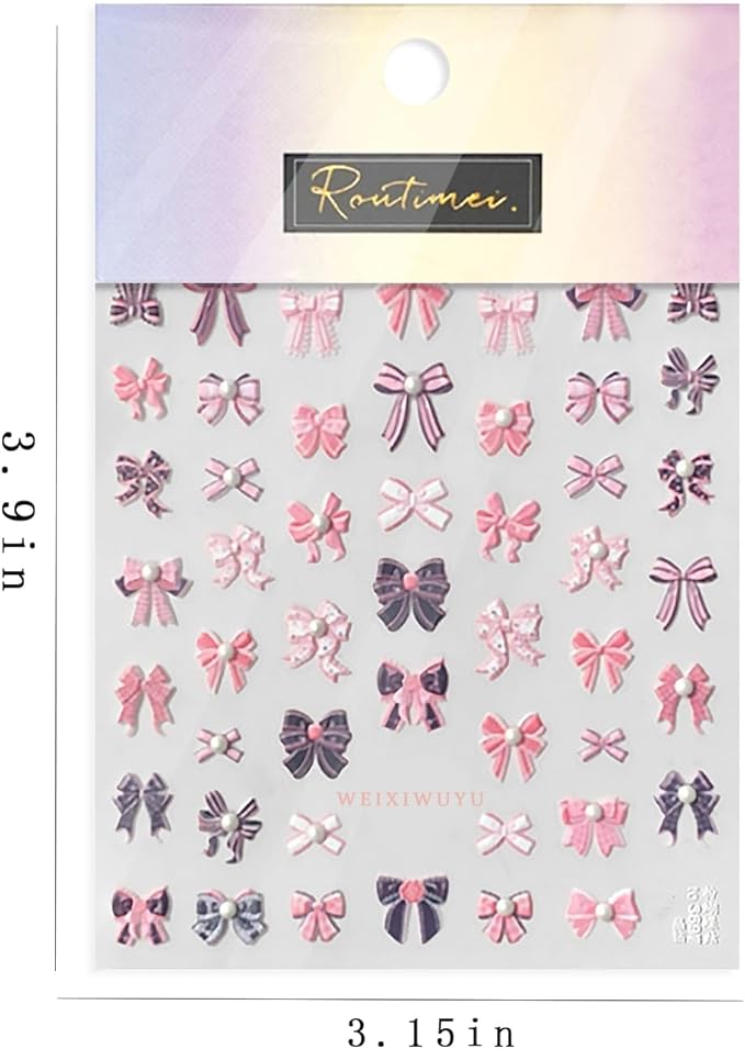 Pink Embossed Bow Nail Art Sticker 5D Cute Rhinestone Bow Elegant Pearl Design Women DIY Nail Art Decorationn