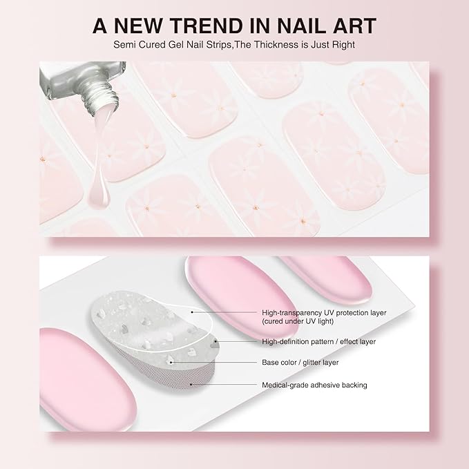 Semi Cured Gel Nail Strips, 20 PCS Nail Stickers Work with UV Light, Gel Nail Wraps, Salon Quality & Easy to Use - Broken Pollen