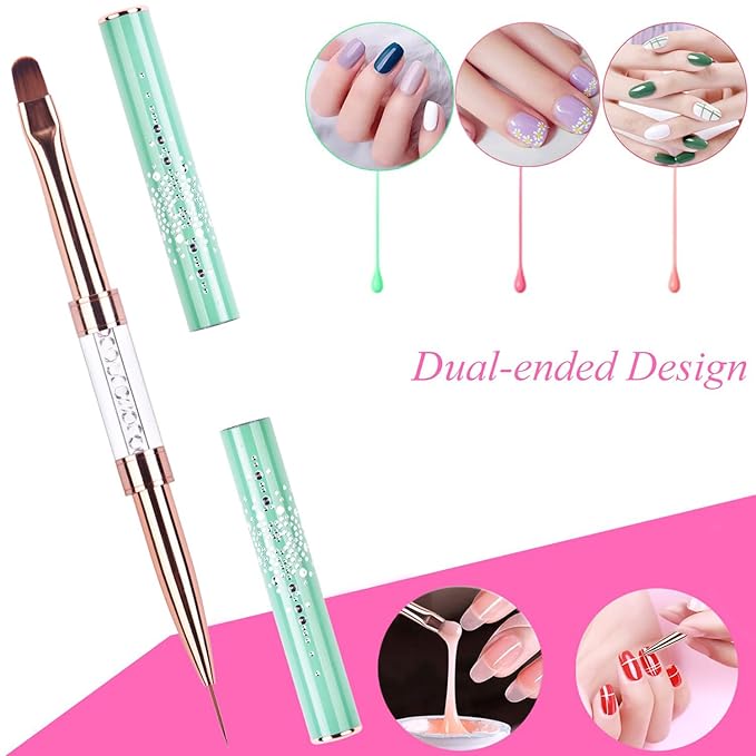 1Pcs Dual-ended Nail Design Brushes Rhinestone Handle Nail Art Liner Brush UV Gel Nail Polish Brush Professional Nail Art Tools Green
