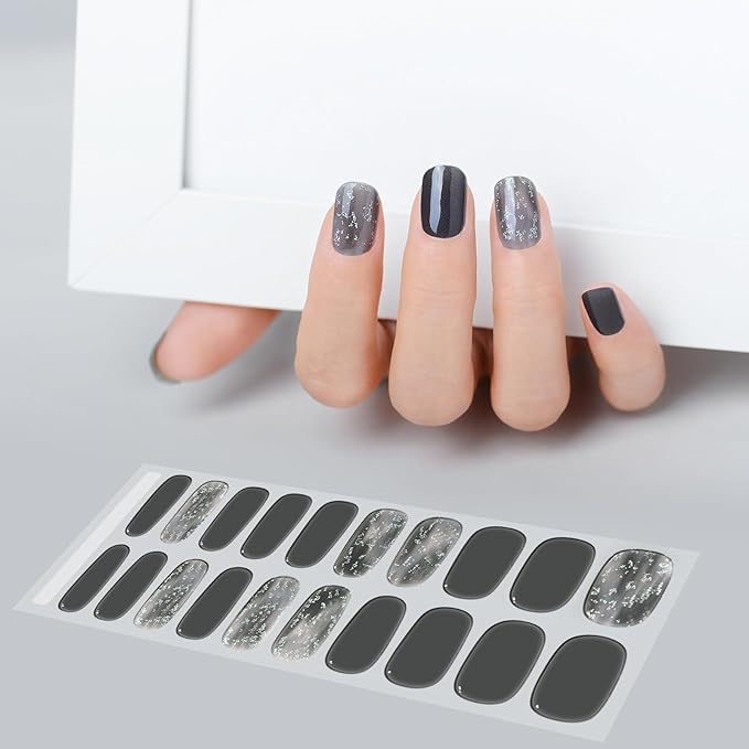 WOKOTO 1 Sheet Semi Cured Gel Nail Strips With Wood Stick, Nail File & Prepared Pads, 20 Tips Black Glitter Semi Cured Nail Polish Strips, Harden With UV Light Gel Nail Wraps Stickers For Women Girls