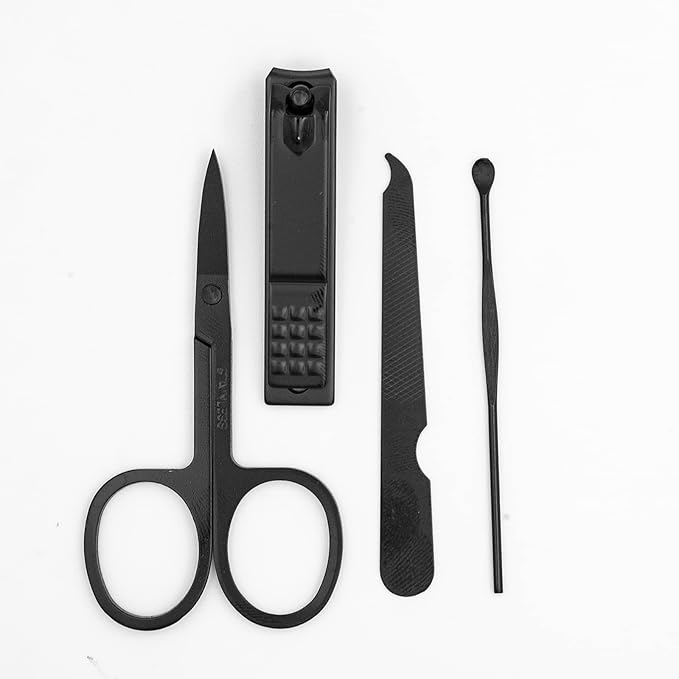 Nail Clipper Set, 4PCS Manicure Set Fingernail Clippers Kit Black Stainless Steel Pedicure and Manicure Kit with Brown PU Leather Case