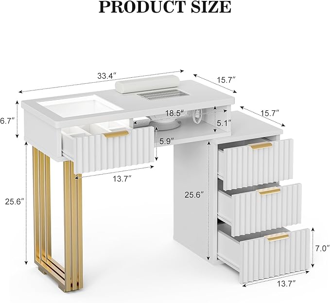 Paddie Manicure Table for Nail Tech with Dust Collector, Nail Desk Station w/4 Drawers & LED Lights, Acetone Resistant Beauty Salon Workstation w/Wrist Cushion, Golden Leg (White)